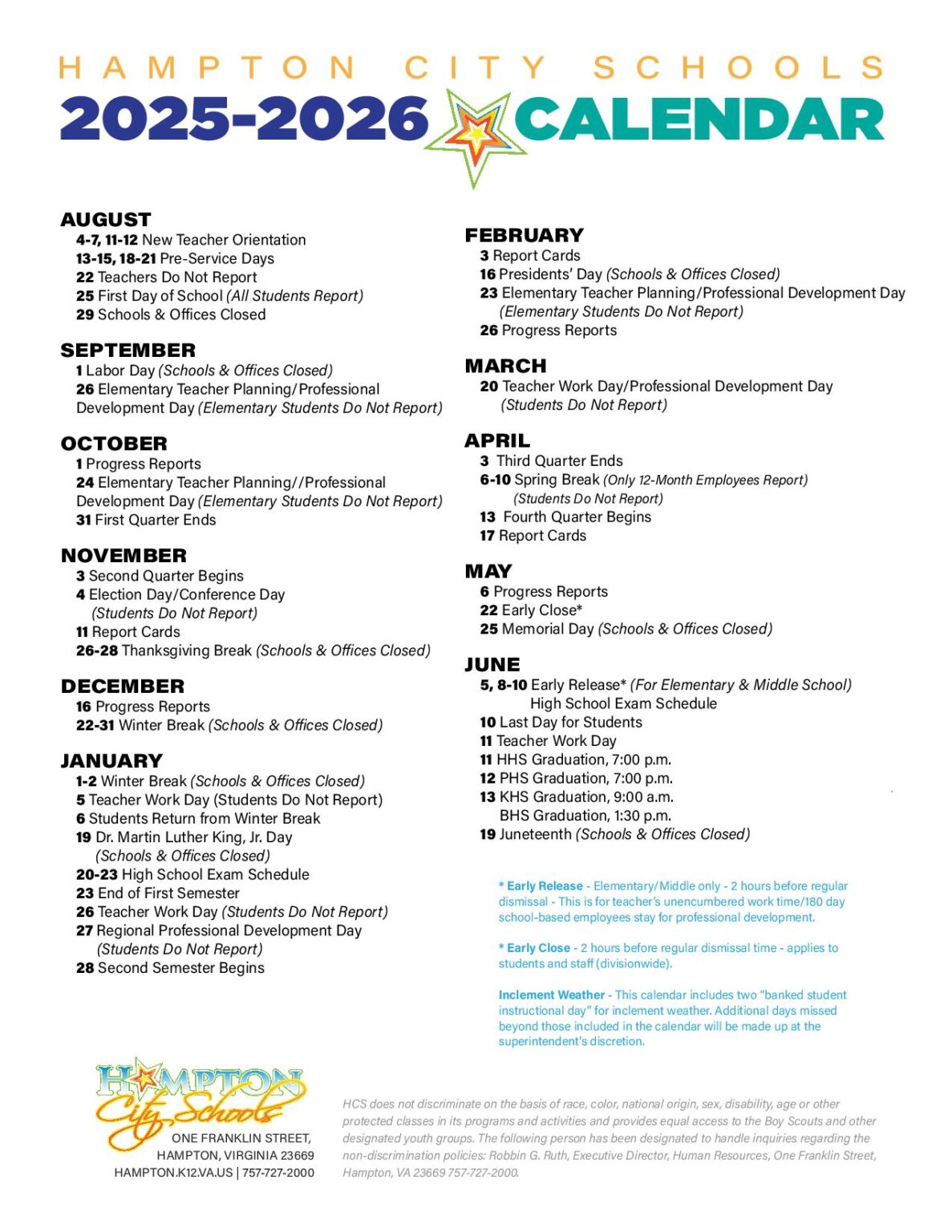 Hampton City Schools Calendar 2025 2026 (Holiday Breaks)