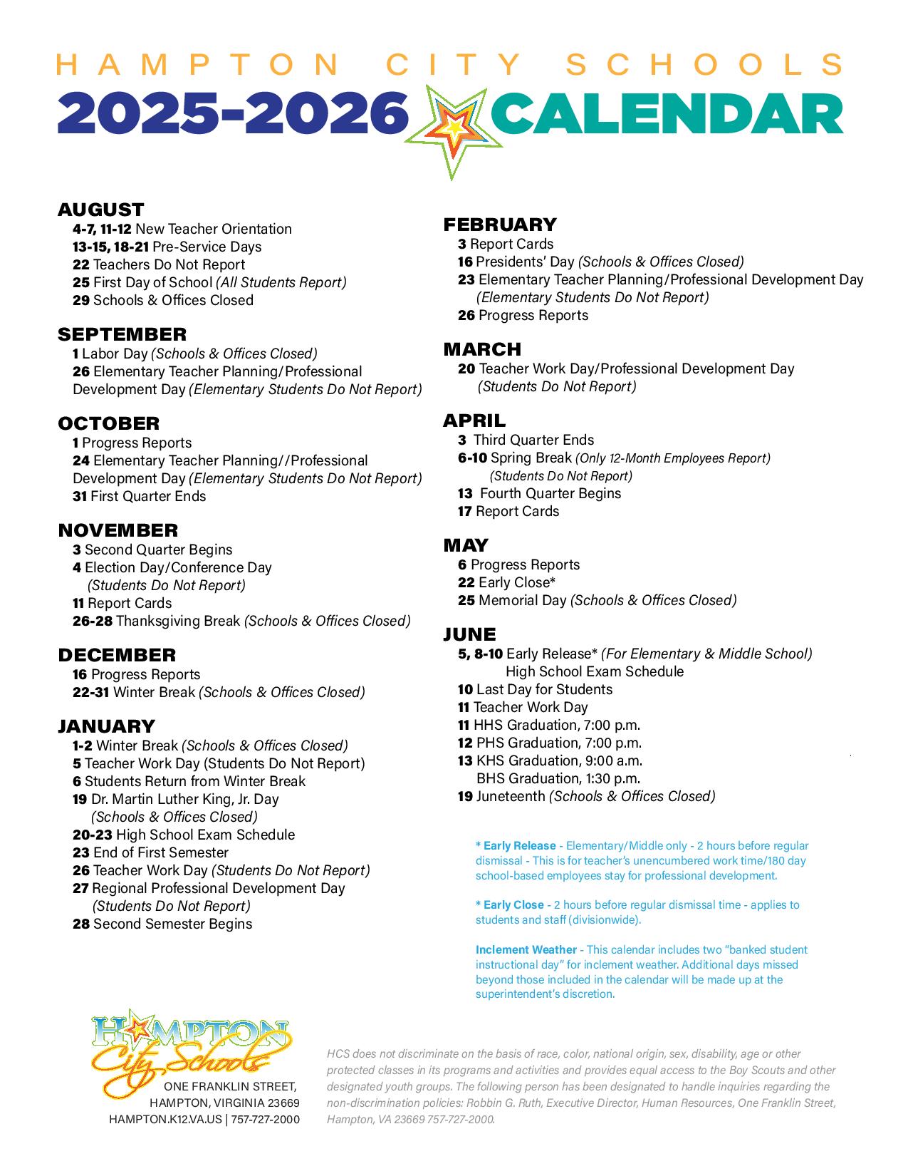 Hampton City Schools Calendar 2025-2026 (Holiday Breaks)