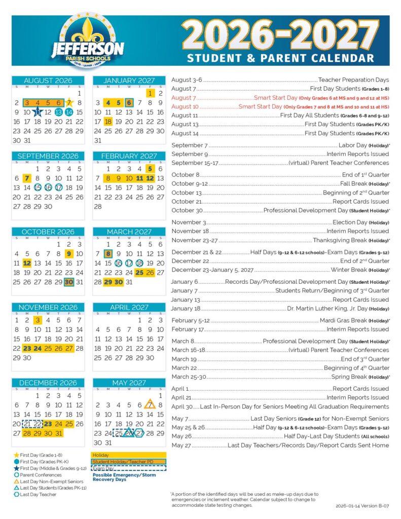 Jefferson Parish Public Schools Calendar 2026-2027