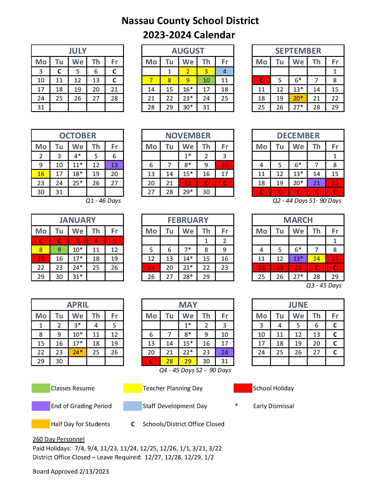 Nassau County Schools Calendar 2024 (Holiday Dates)