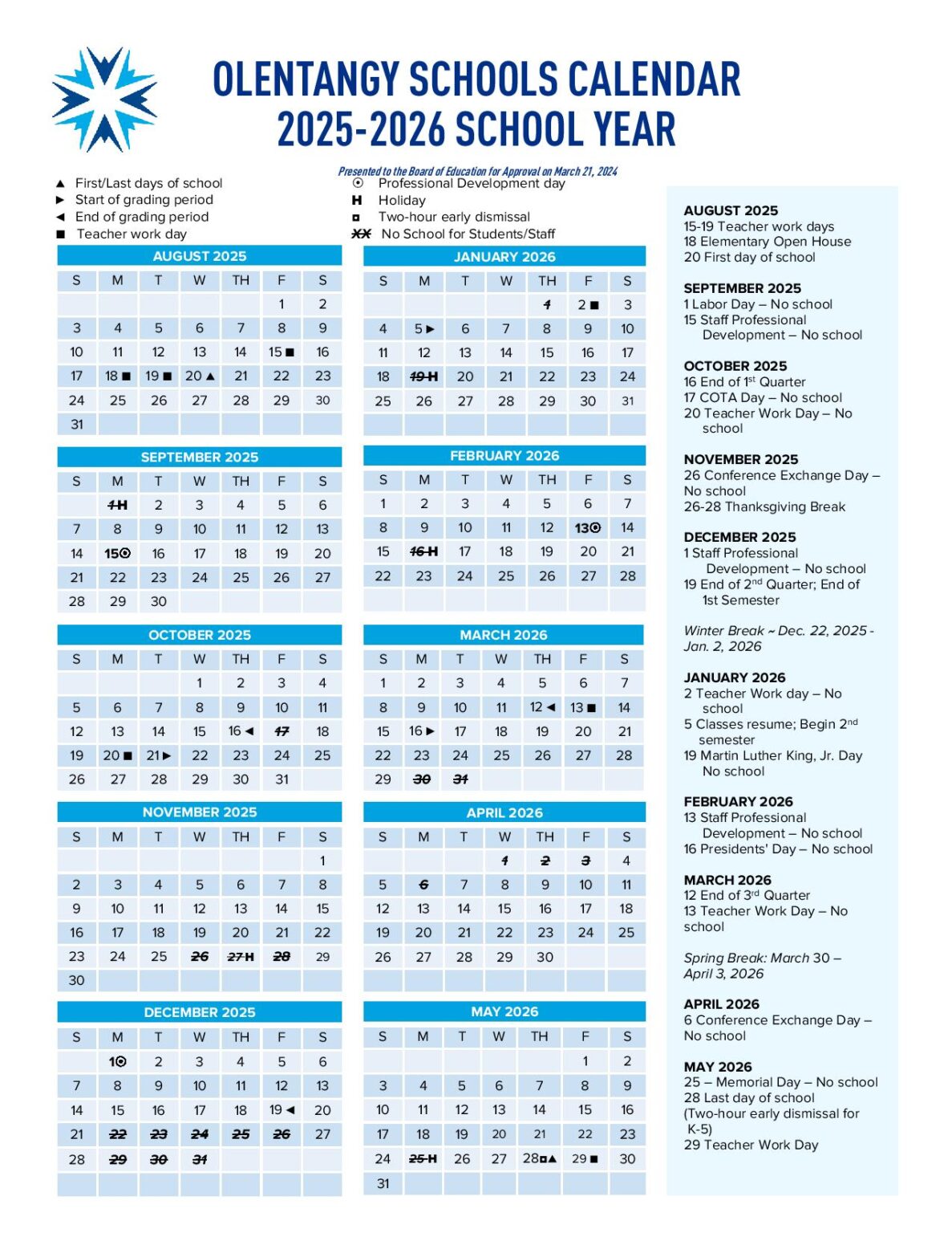 Olentangy School District Calendar 2025-2026 (Holiday Breaks)