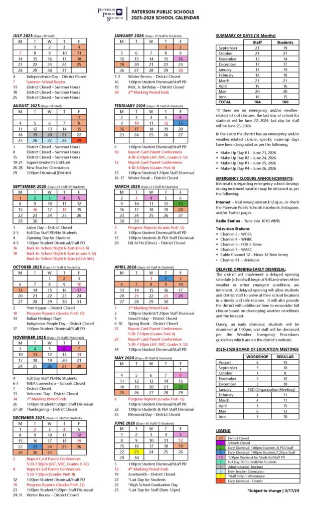 Paterson Public Schools Calendar 2025-2026