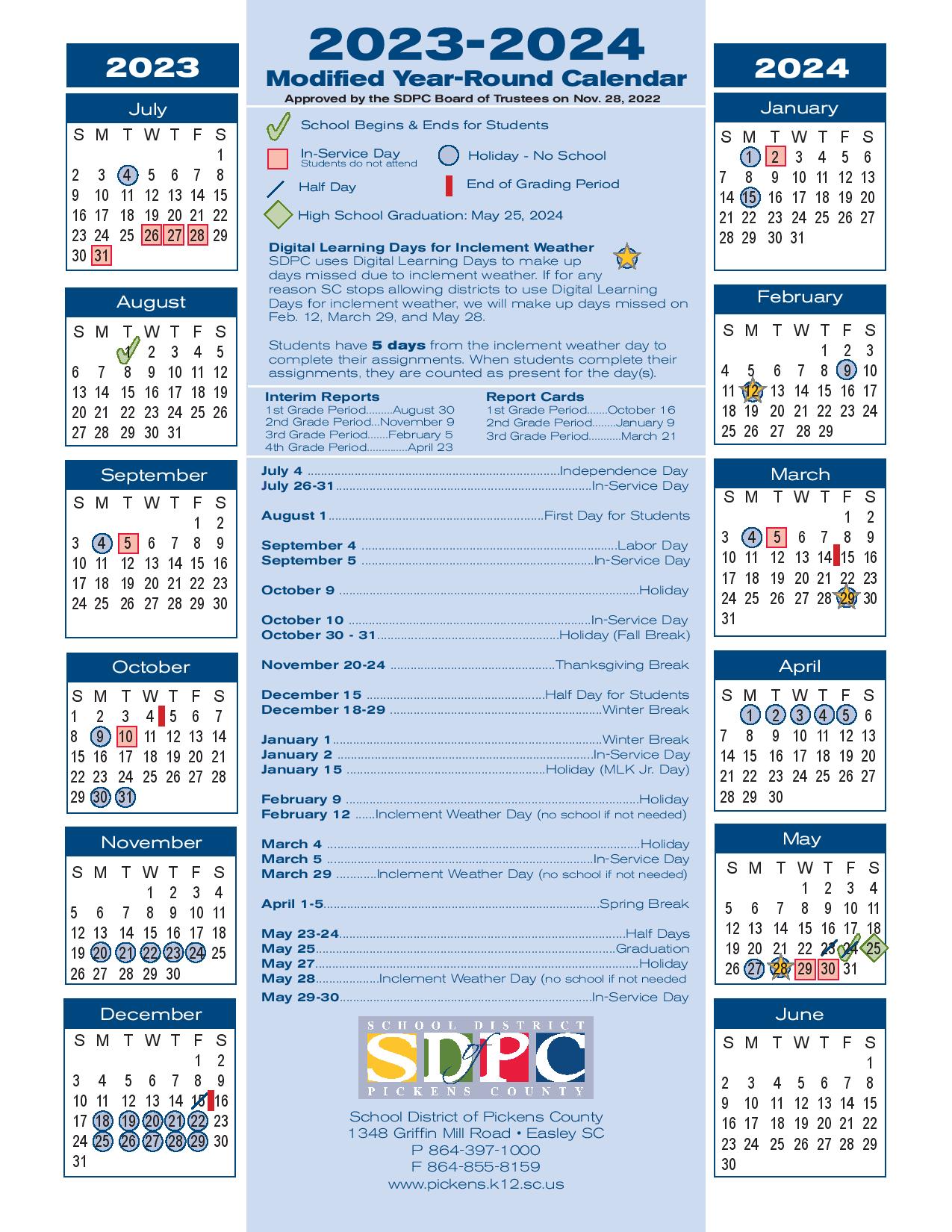 Pickens County School District Calendar 20242025 (Holidays)