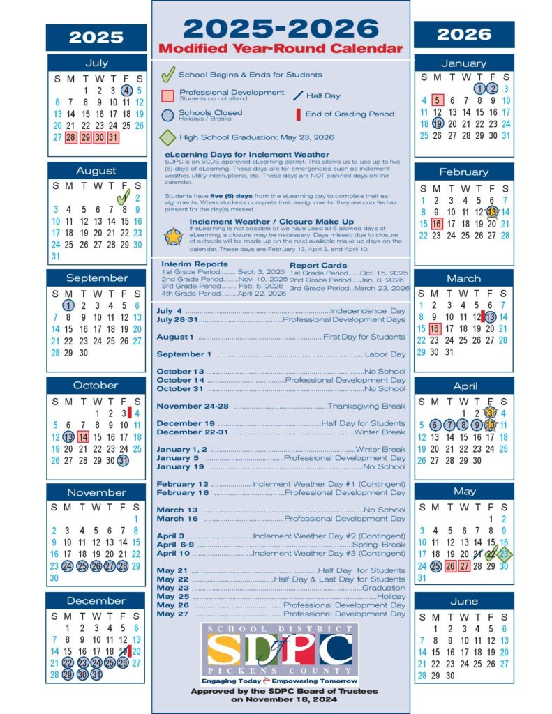 Pickens County School District Calendar 2025-2026