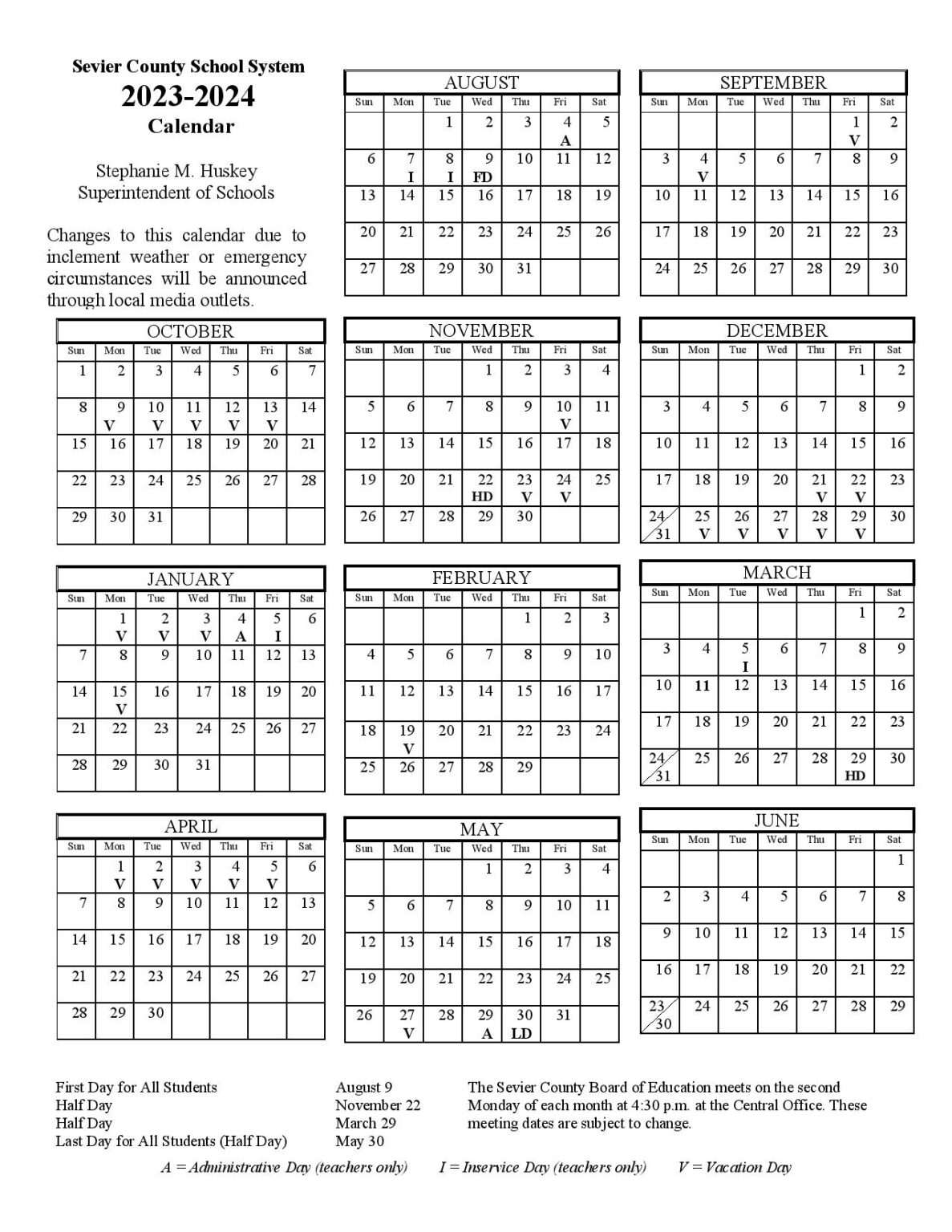 Sevier County Schools Calendar 20242025 (Major Holidays)