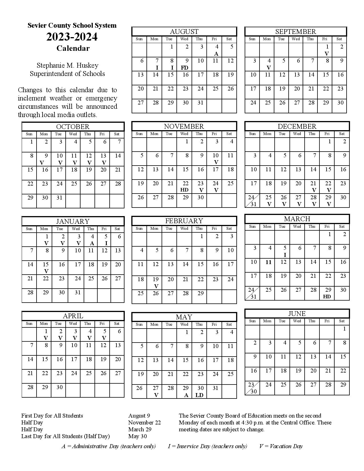 Sevier County Schools Calendar 20242025 (Major Holidays)