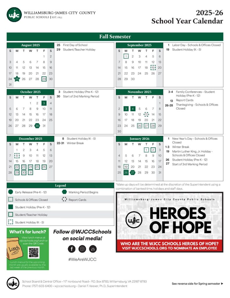 Williamsburg-James City County Public Schools Calendar 2025-2026