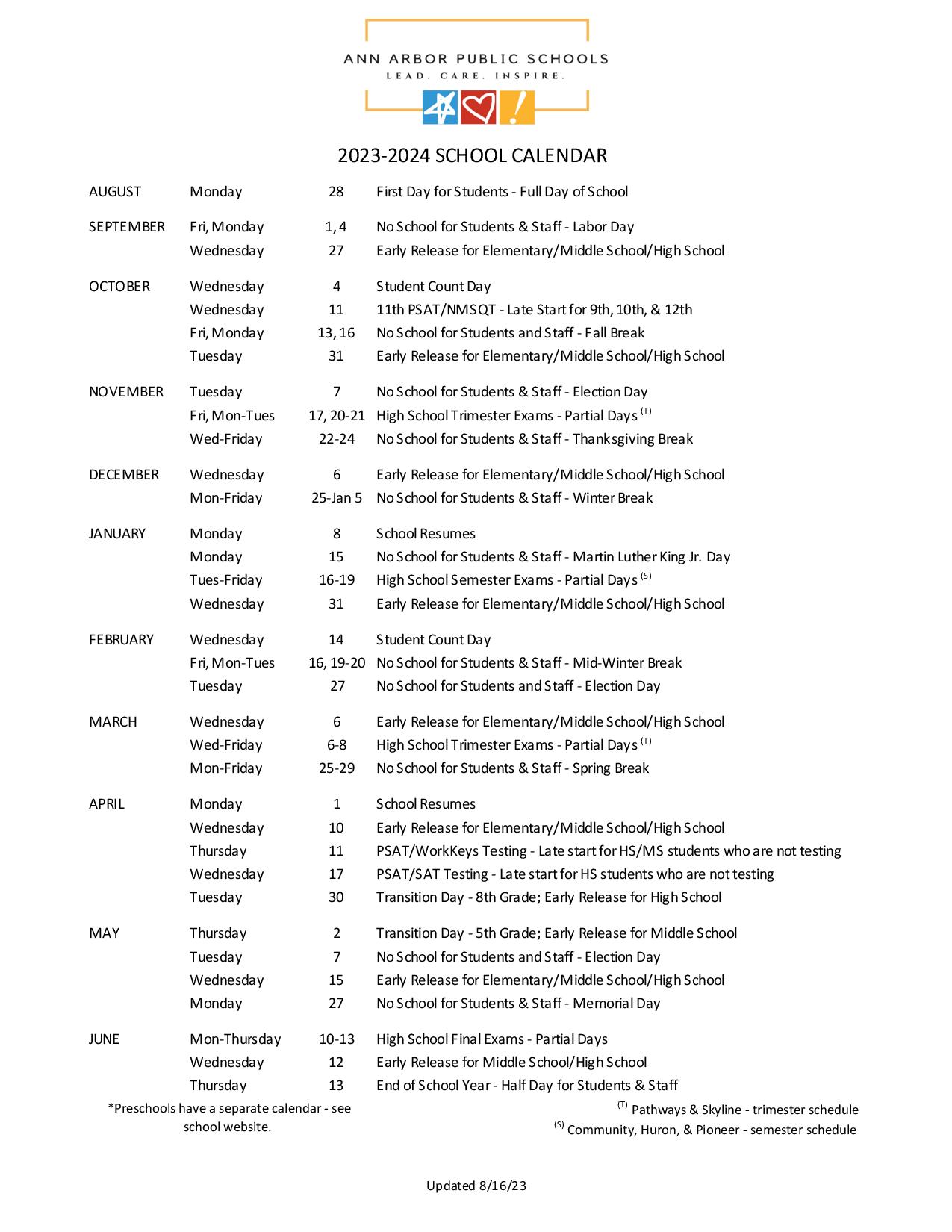 Ann Arbor Public Schools Calendar 2024 (Holiday Dates)
