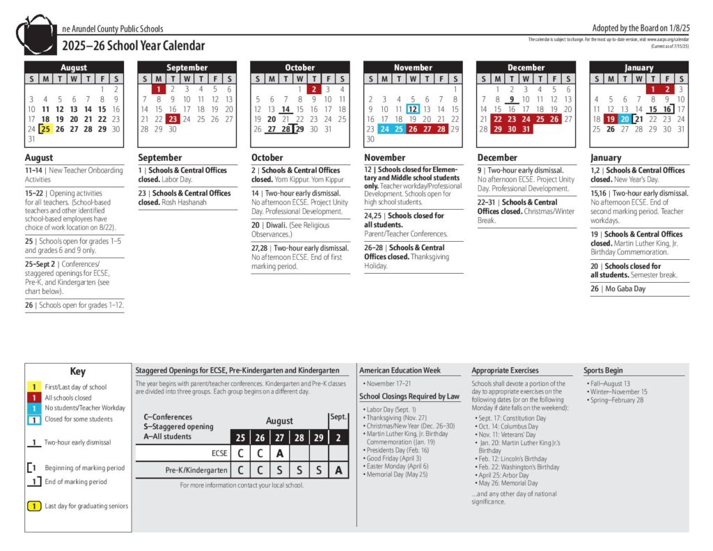 Anne Arundel County Public Schools Calendar 2025-2026