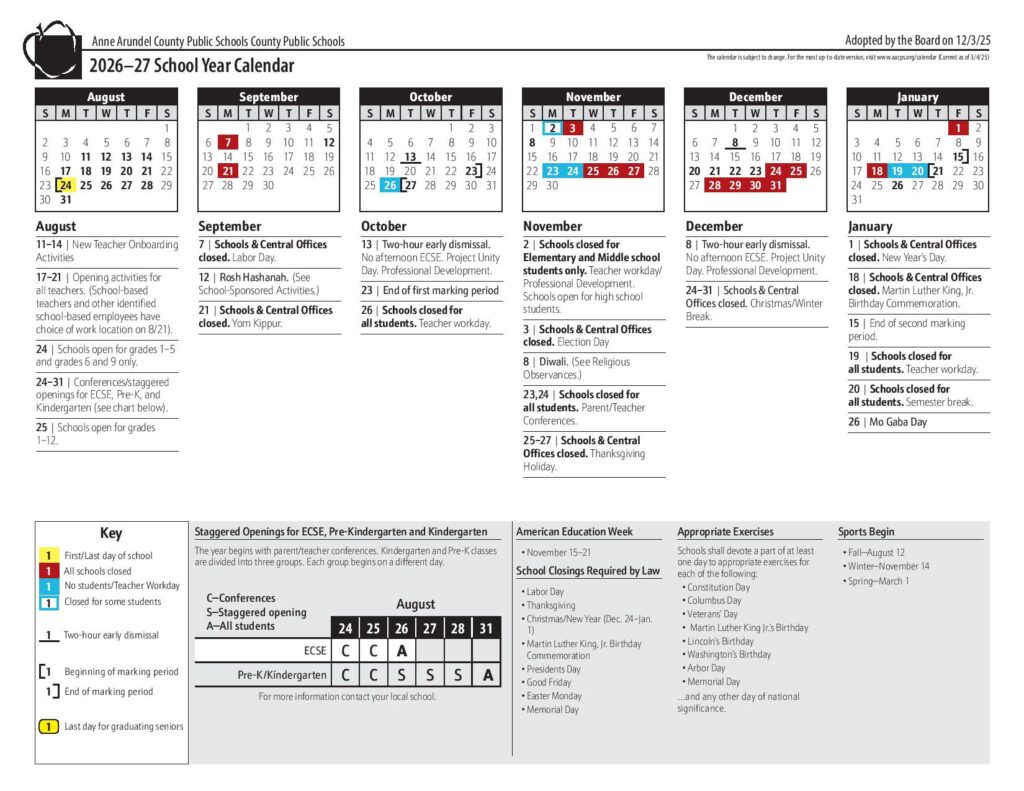 Anne Arundel County Public Schools Calendar 2027