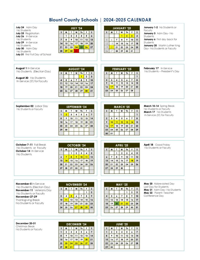 Blount County Schools Calendar 20242025 (Holiday Breaks)