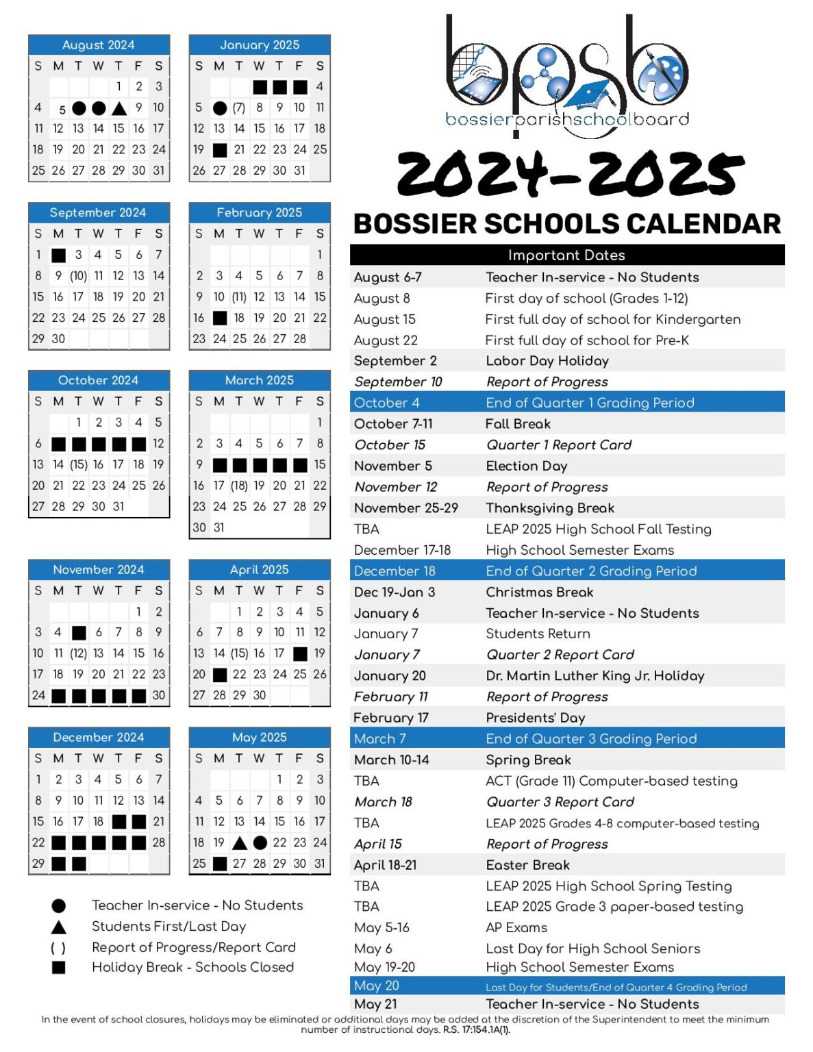 Bossier Parish Schools Calendar 20242025 (Holiday Breaks)