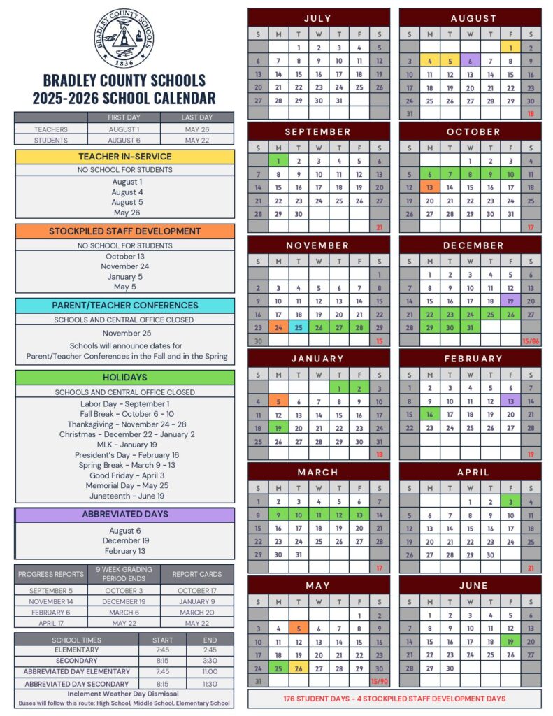 Bradley County Schools Calendar 2025-2026