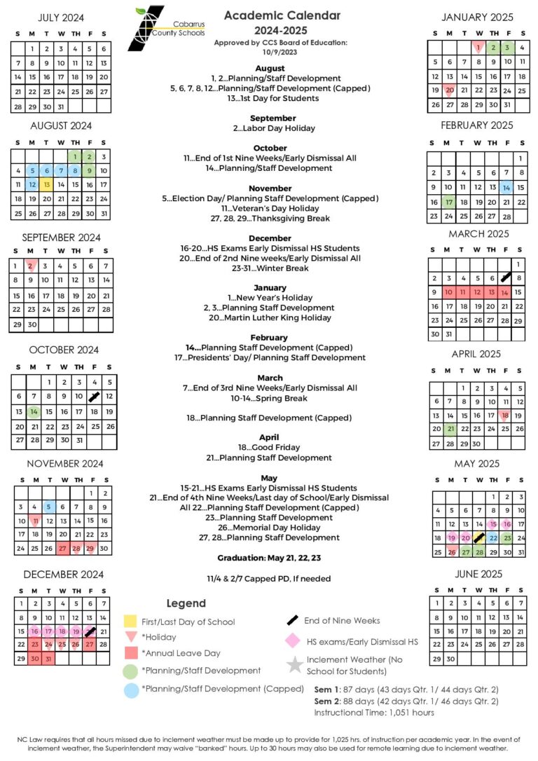 Cabarrus County Schools Calendar 20242025 Holidays