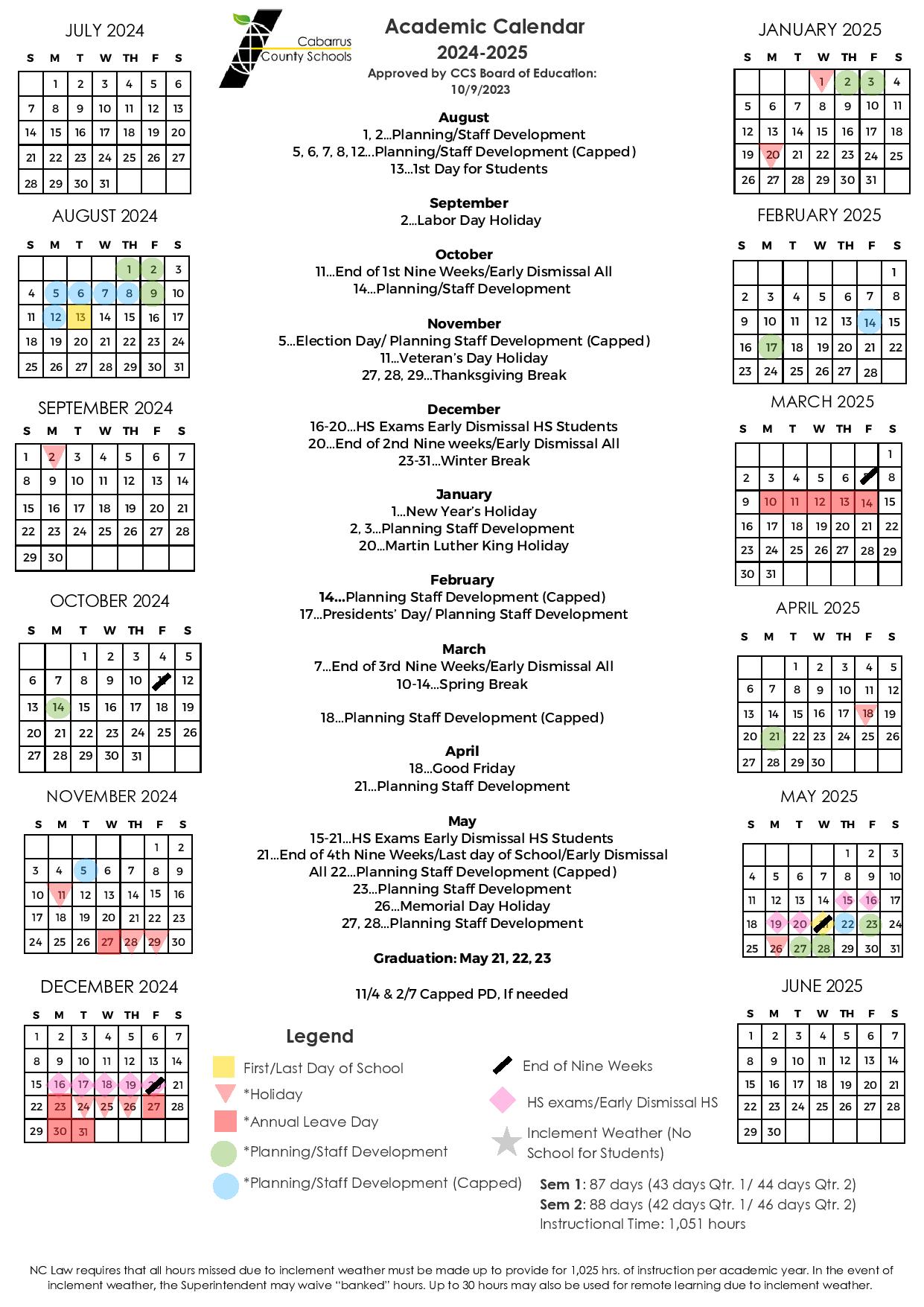 Cabarrus County Schools Calendar 2024-2025 Holidays