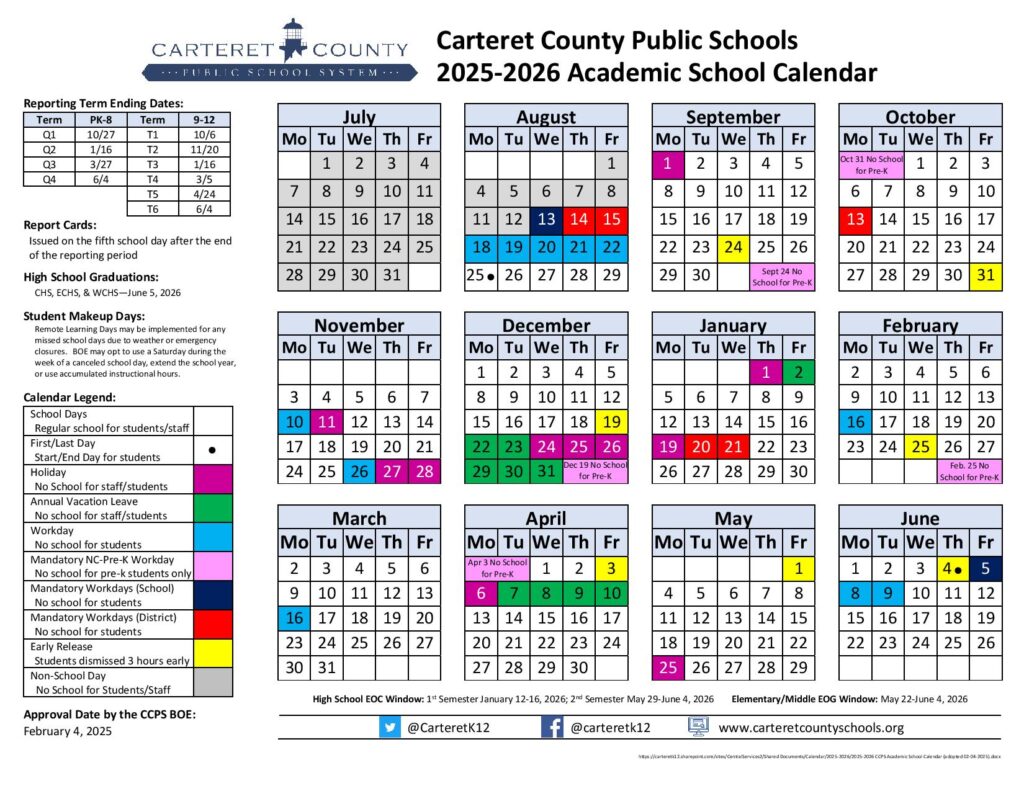 Carteret County Schools Calendar 2025-2026