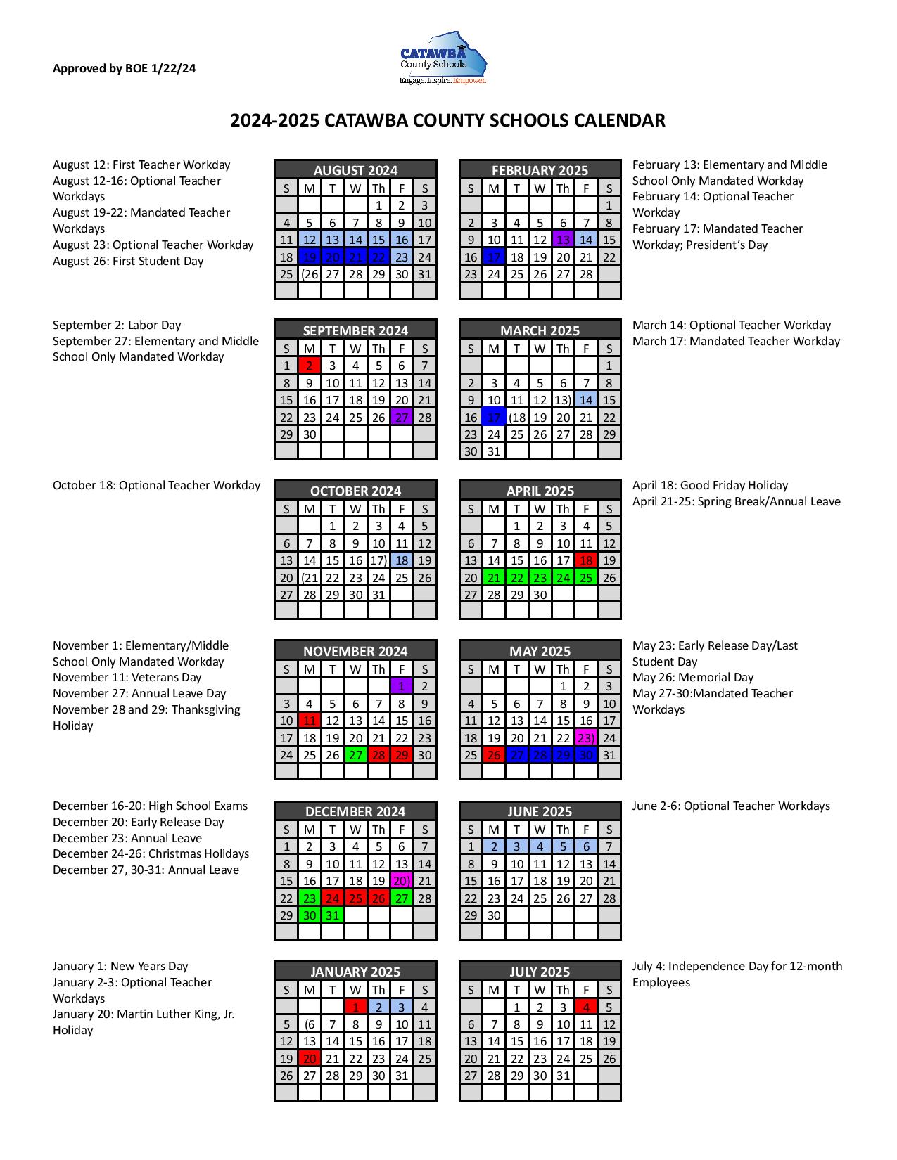 Catawba County Schools Calendar 20242025 (Holiday Breaks)