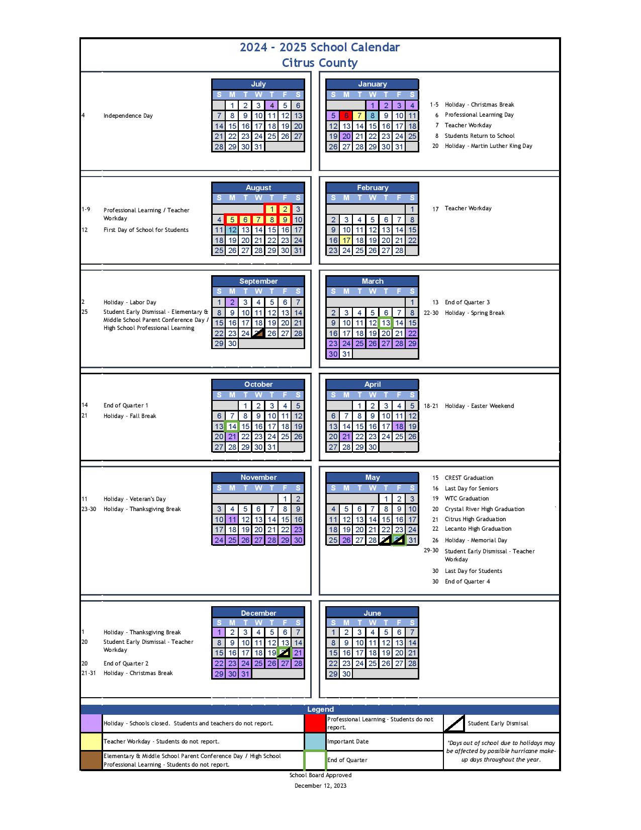 Citrus County School District Calendar 20242025 (Holiday Breaks)