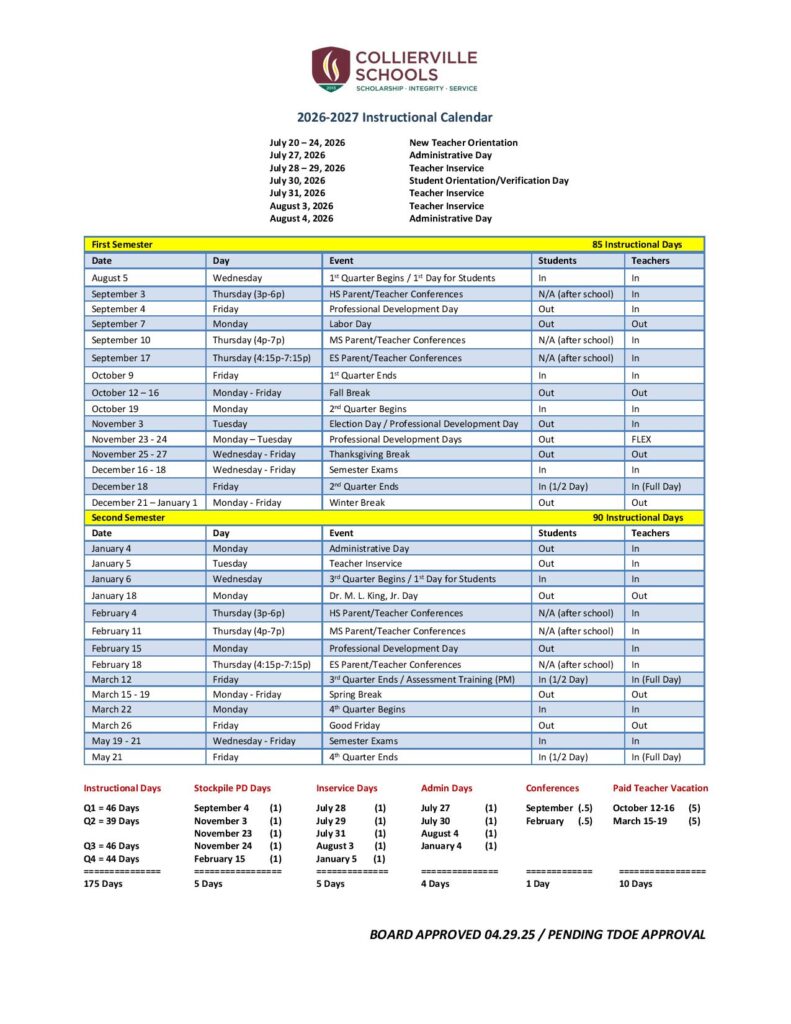 Collierville Schools District Calendar 2026-2027