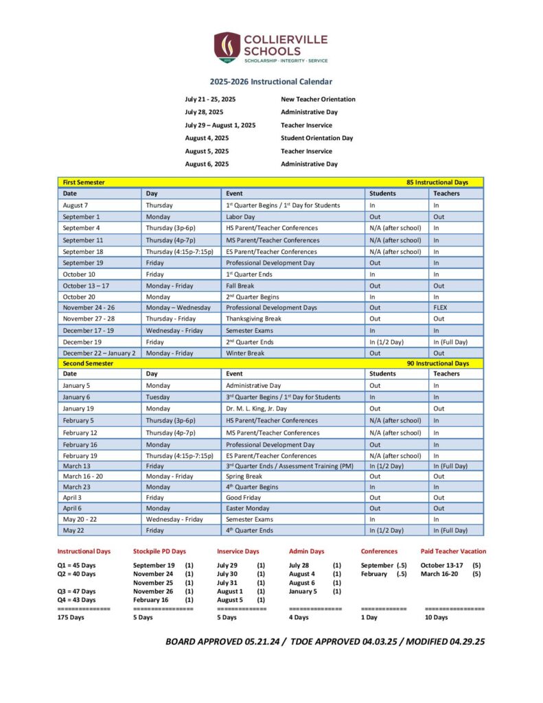 Collierville Schools District Calendar 2025-2026