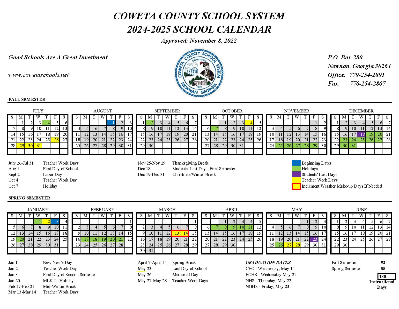 Coweta County Schools Calendar 20242025 Holiday Breaks