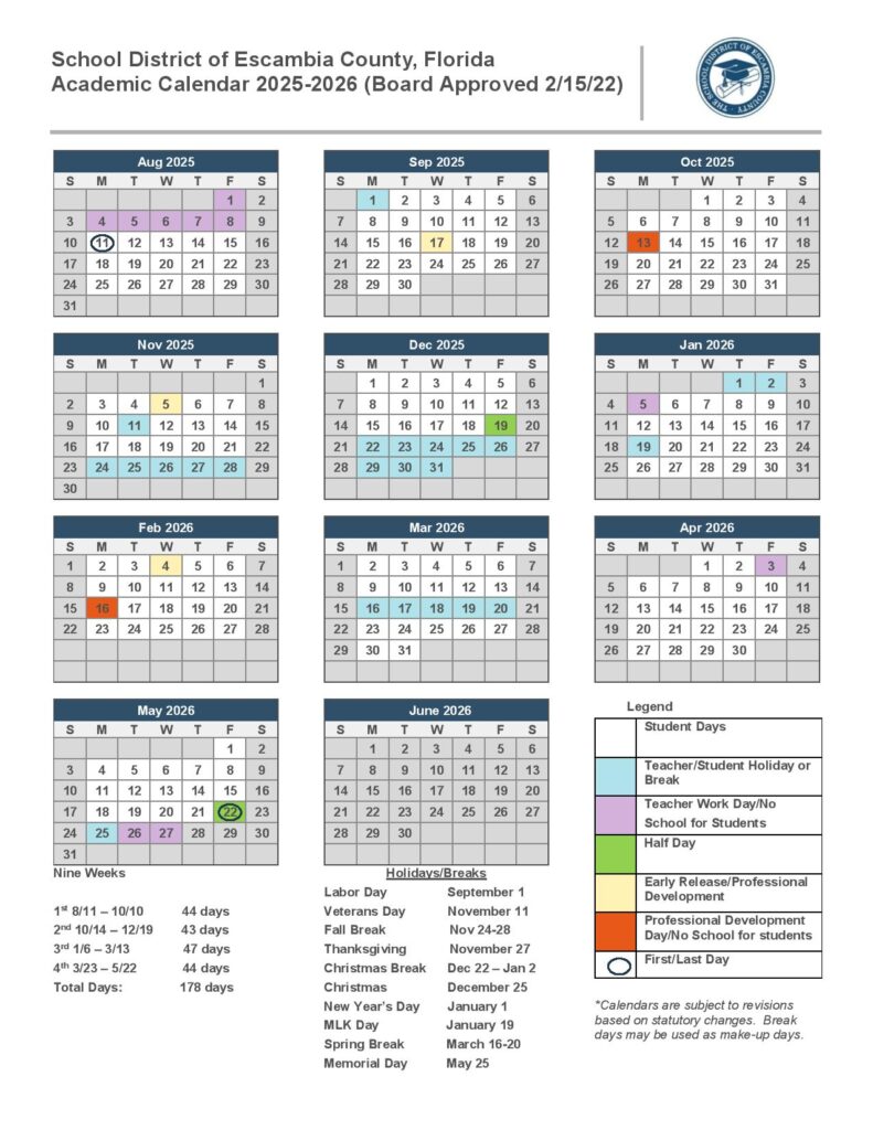 Escambia County School District Calendar 2025-2026