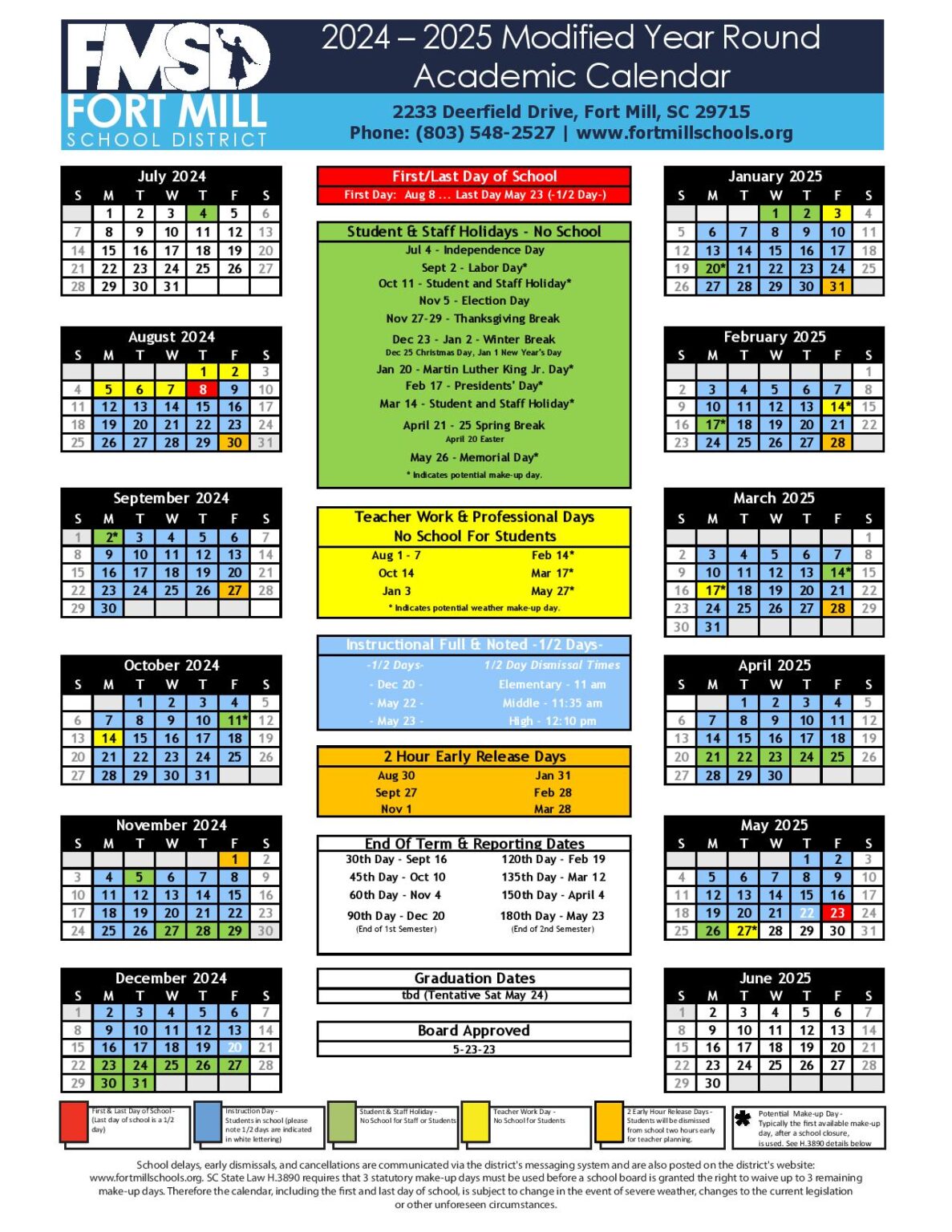 Fort Mill School District Calendar 20242025 (Holiday Breaks)