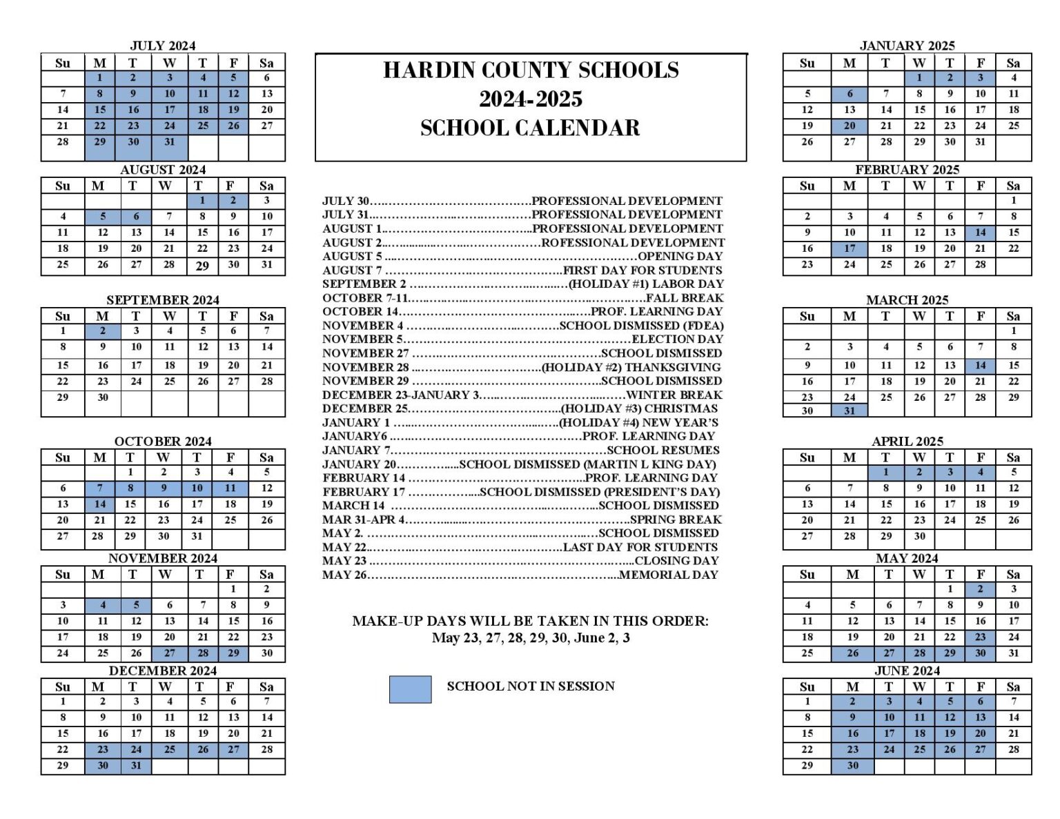 Hardin County Schools Calendar 2024-2025 (Holiday Breaks)