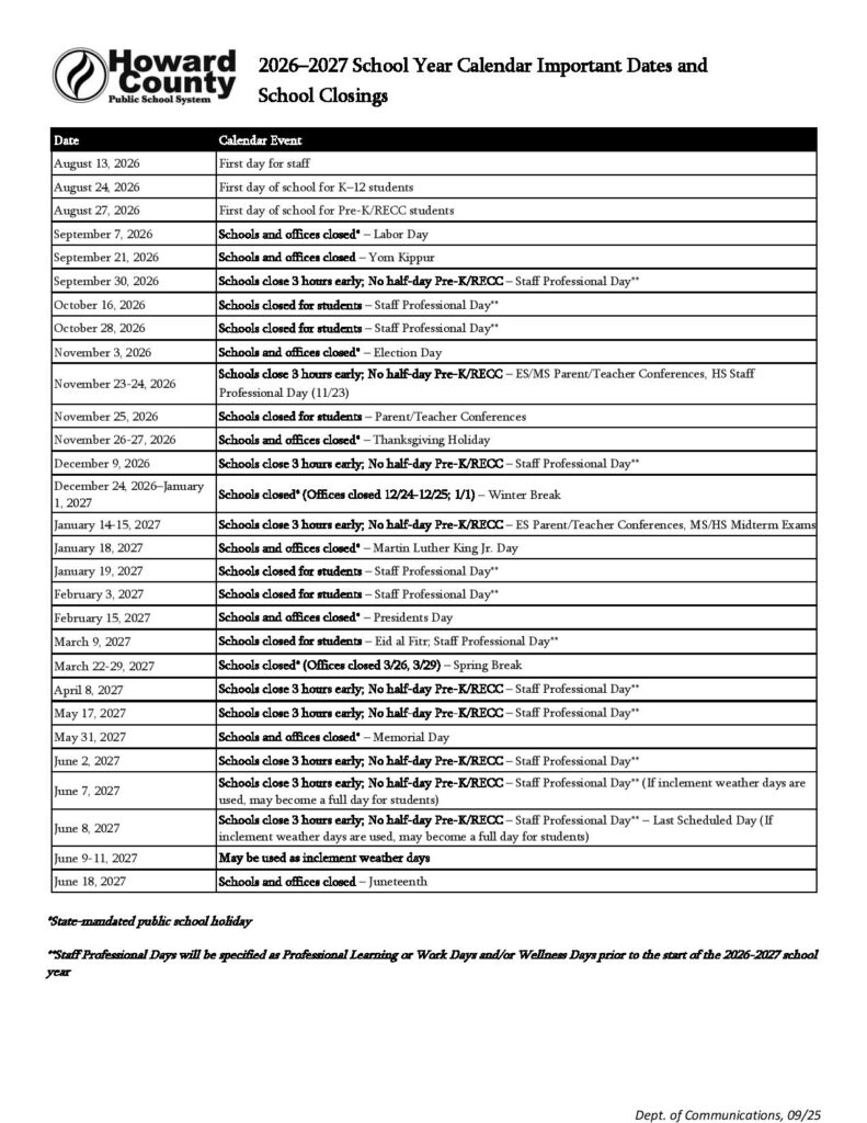 Howard County Public Schools Calendar 2026-2027