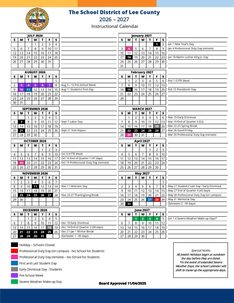 Lee County School District Calendar 2026-2027