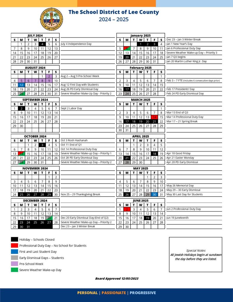 Lee County School District Calendar 2024 2025 With Holidays