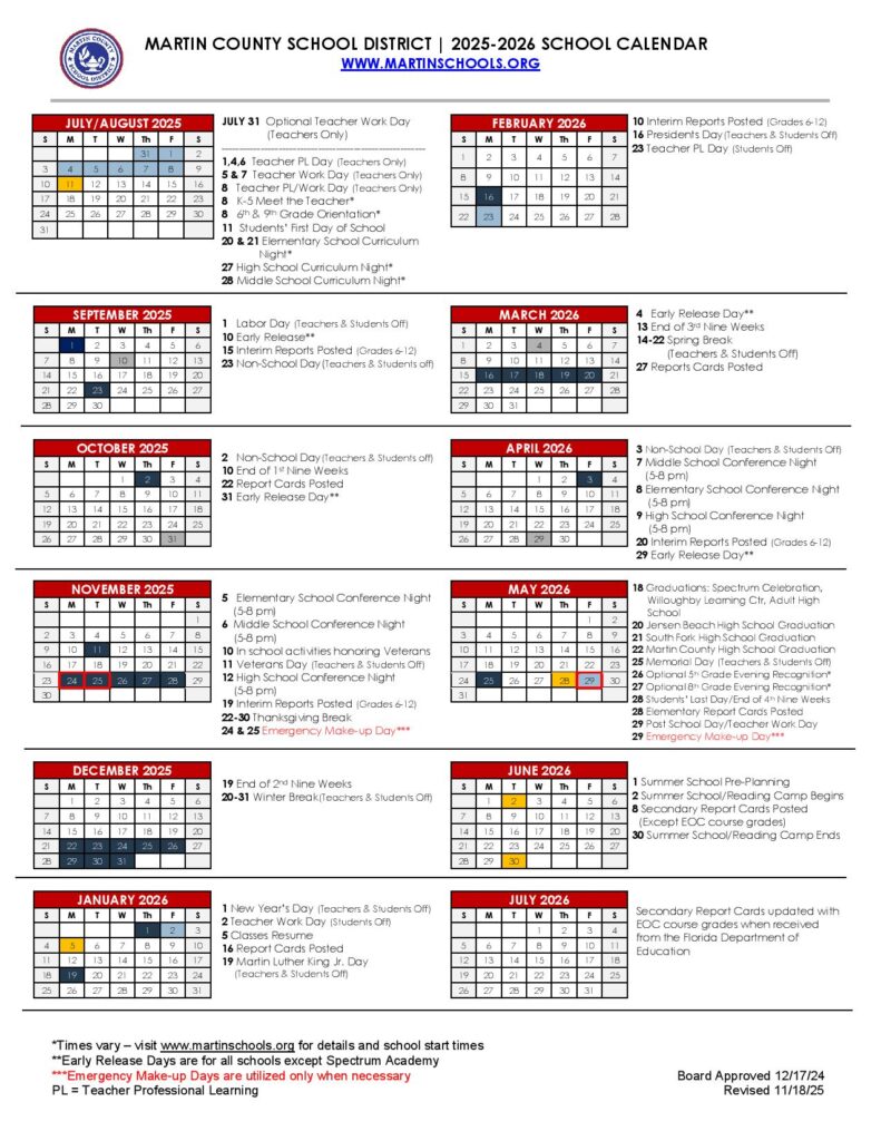 Martin County School District Calendar 2025-2026