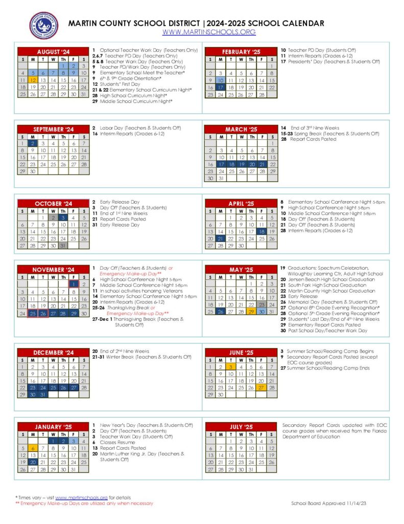 Martin County School District Calendar 2024 2025 Holiday Breaks 