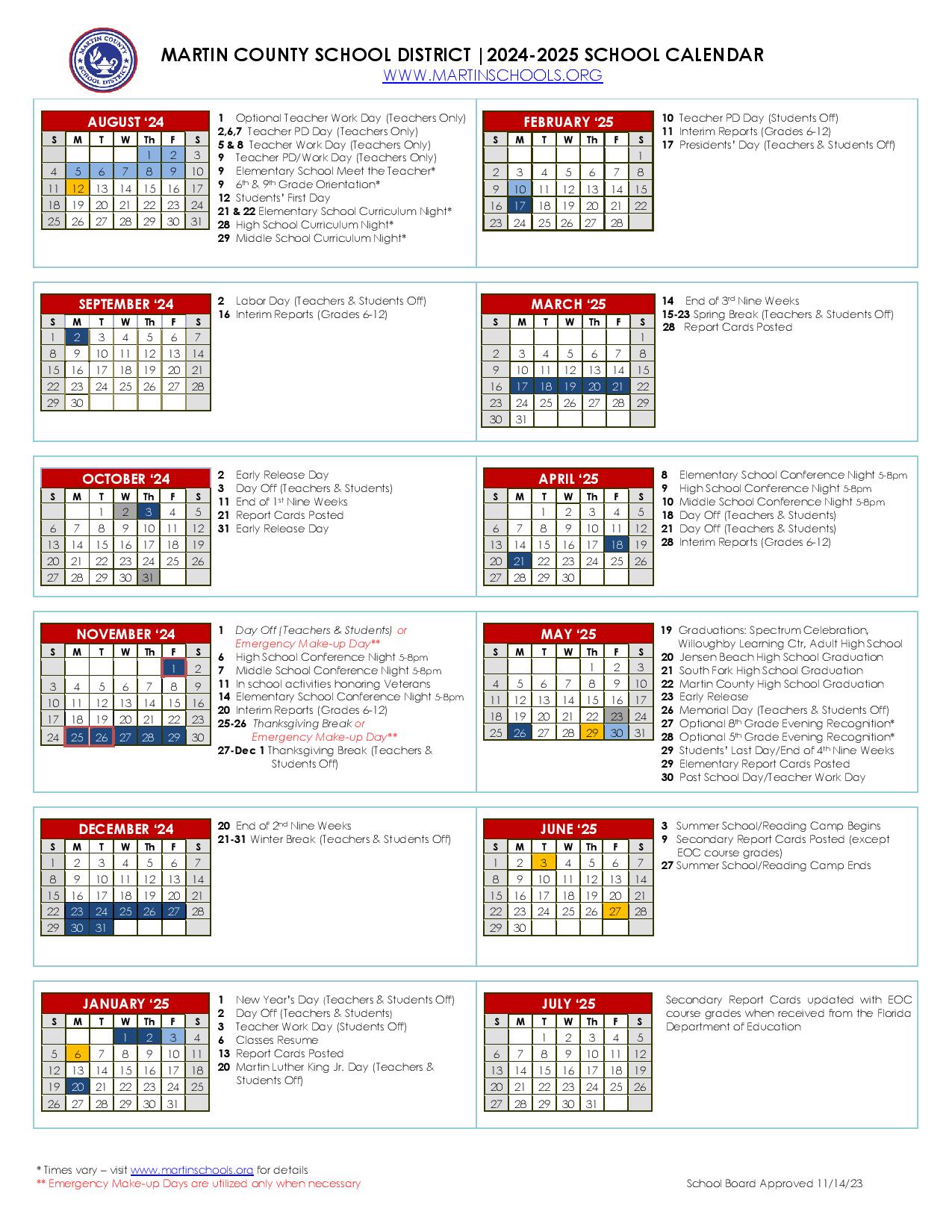 Martin County School District Calendar 2024-2025 (Holiday Breaks)