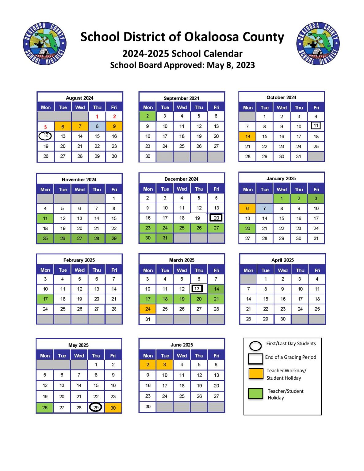 Okaloosa County School District Calendar 20242025 (Holidays)