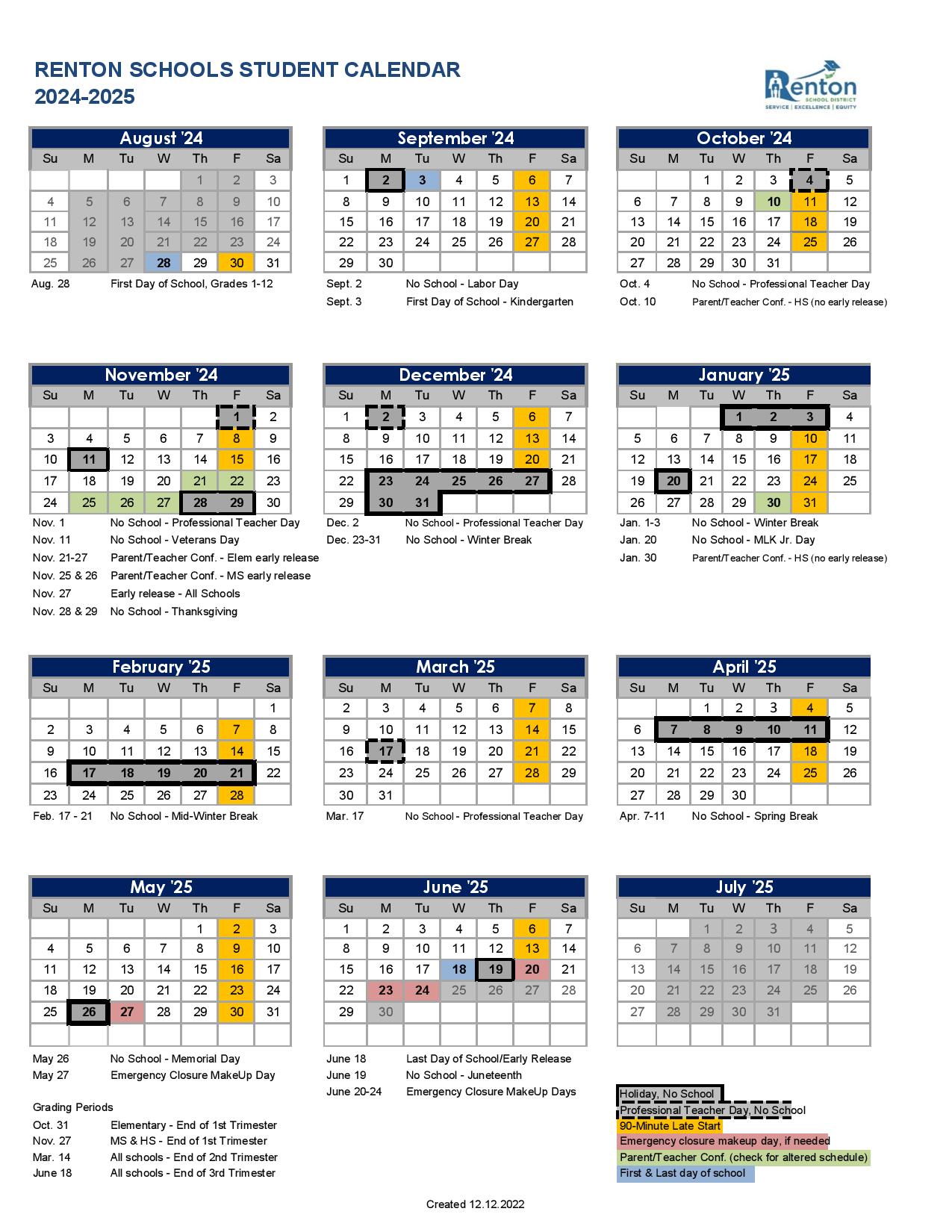 Renton School District Calendar 20242025 (Holiday Breaks)