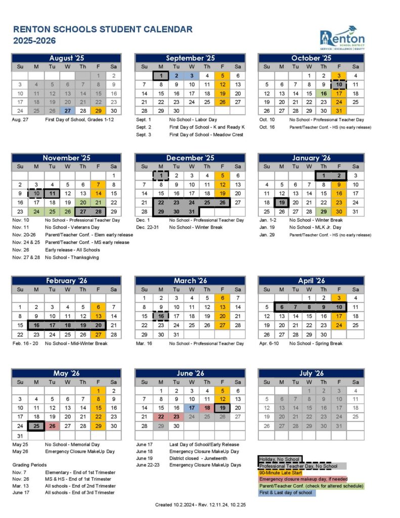 Renton School District Calendar 2025-2026