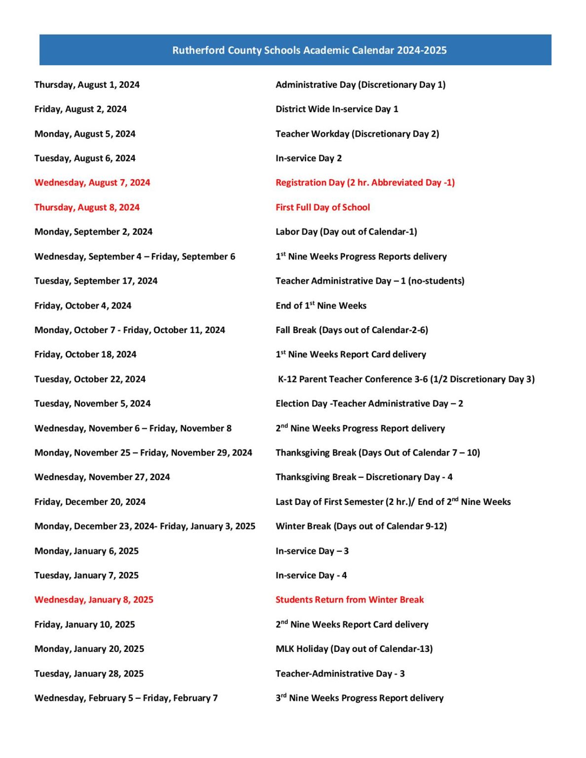 Rutherford County Schools Calendar 20242025 Holidays