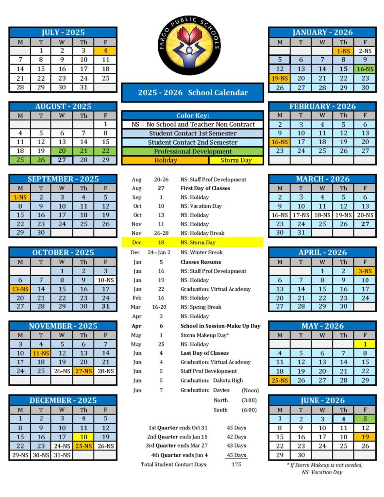 Fargo Public Schools Calendar 2025-2026