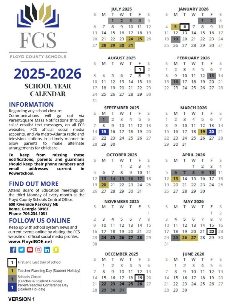 Floyd County Schools Calendar 2025-2026