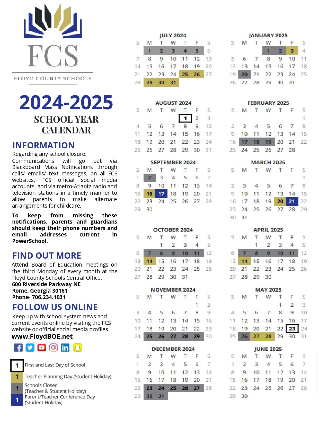 Floyd County Schools Calendar 2024-2025  Holiday Dates