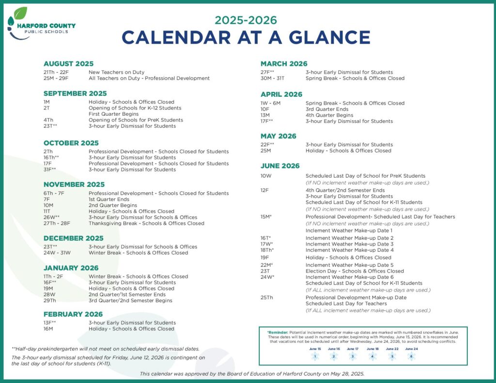 Harford County Public Schools Calendar 2025-2026