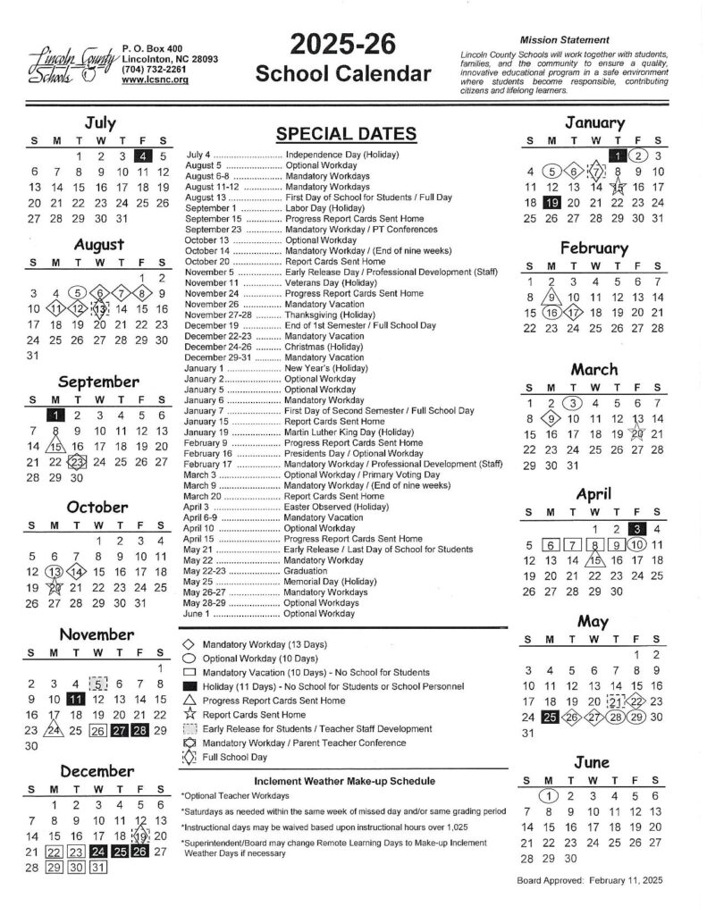 Lincoln County Schools Calendar 2025-2026