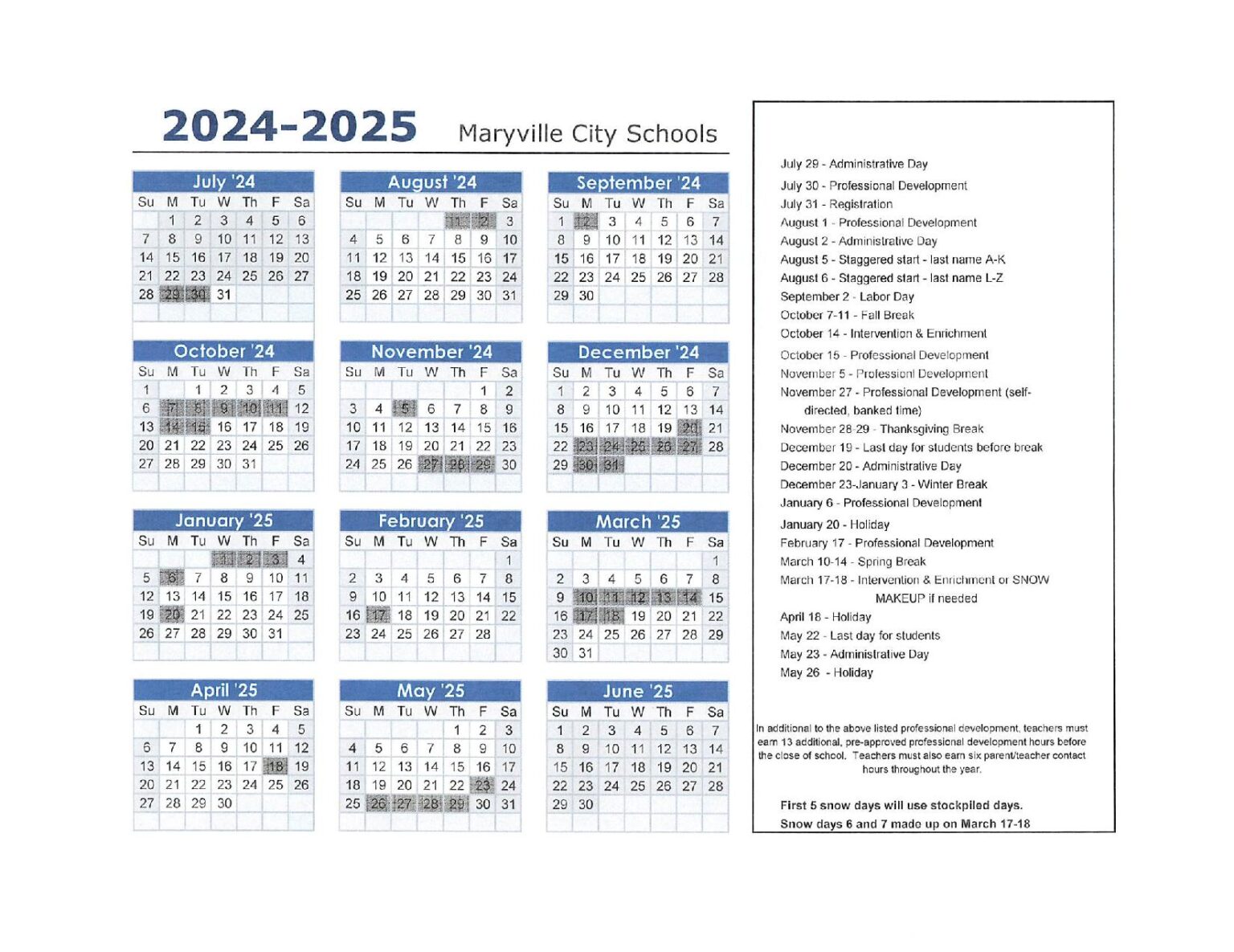 Maryville City Schools Calendar 2025-2025