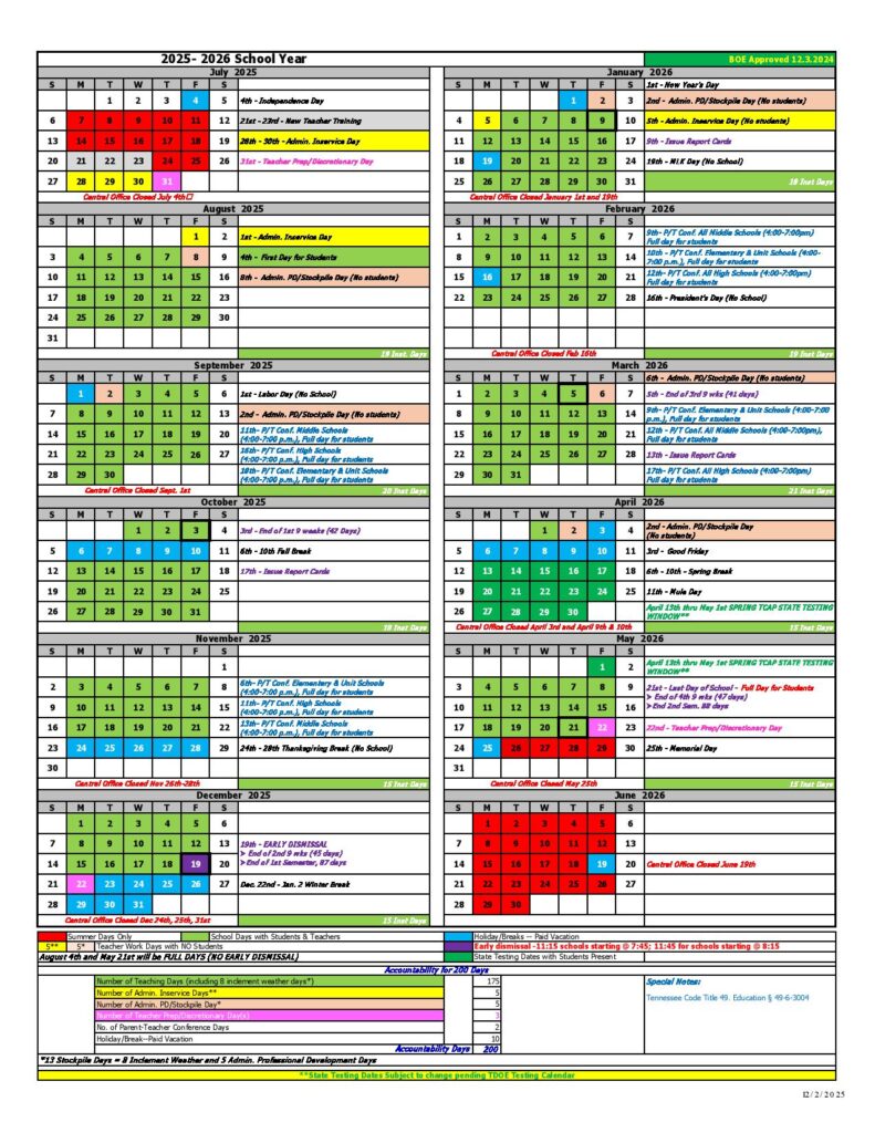 Maury County Public Schools Calendar 2025-2026
