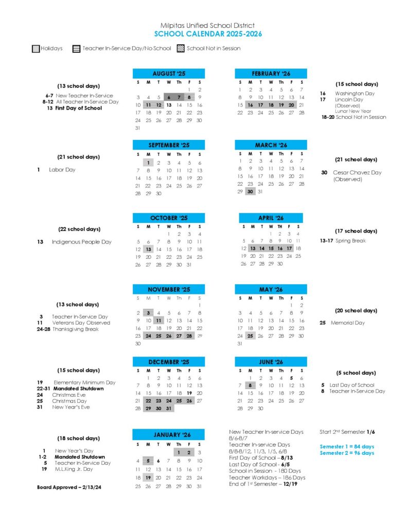 Milpitas Unified School District Calendar 2025-2026
