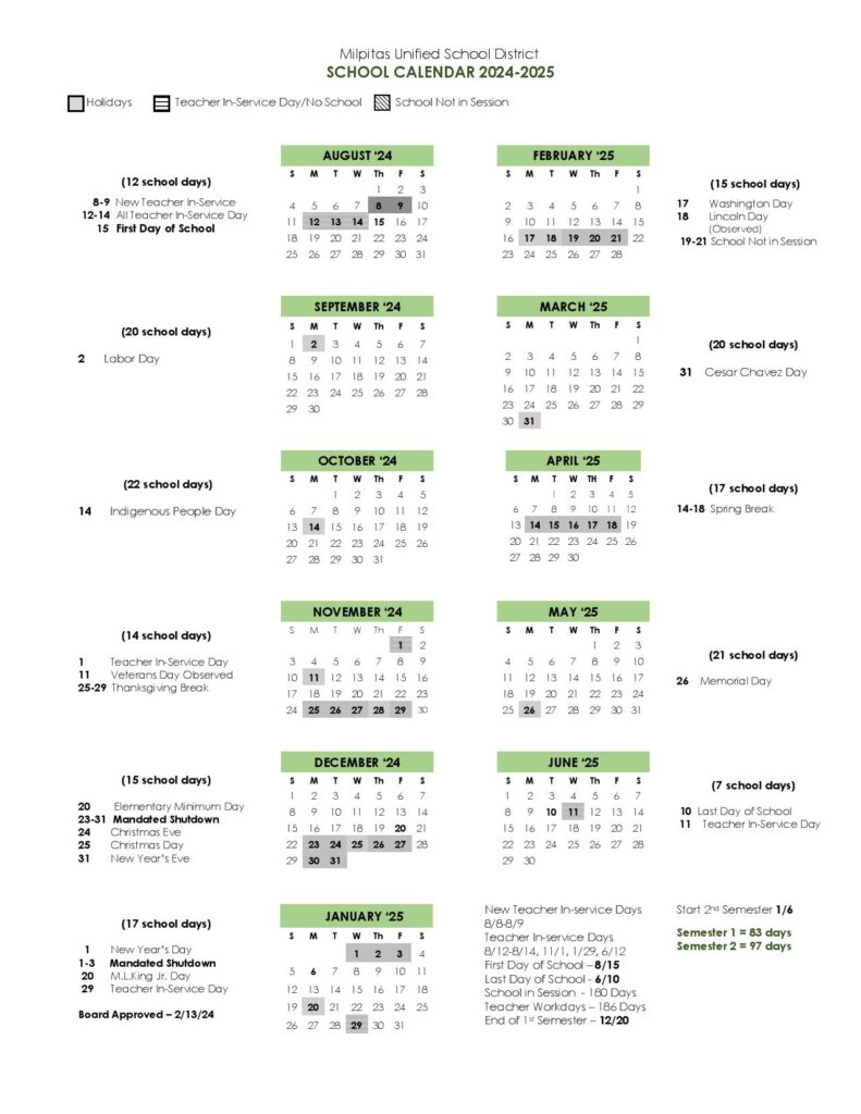 Milpitas Unified School District Calendar