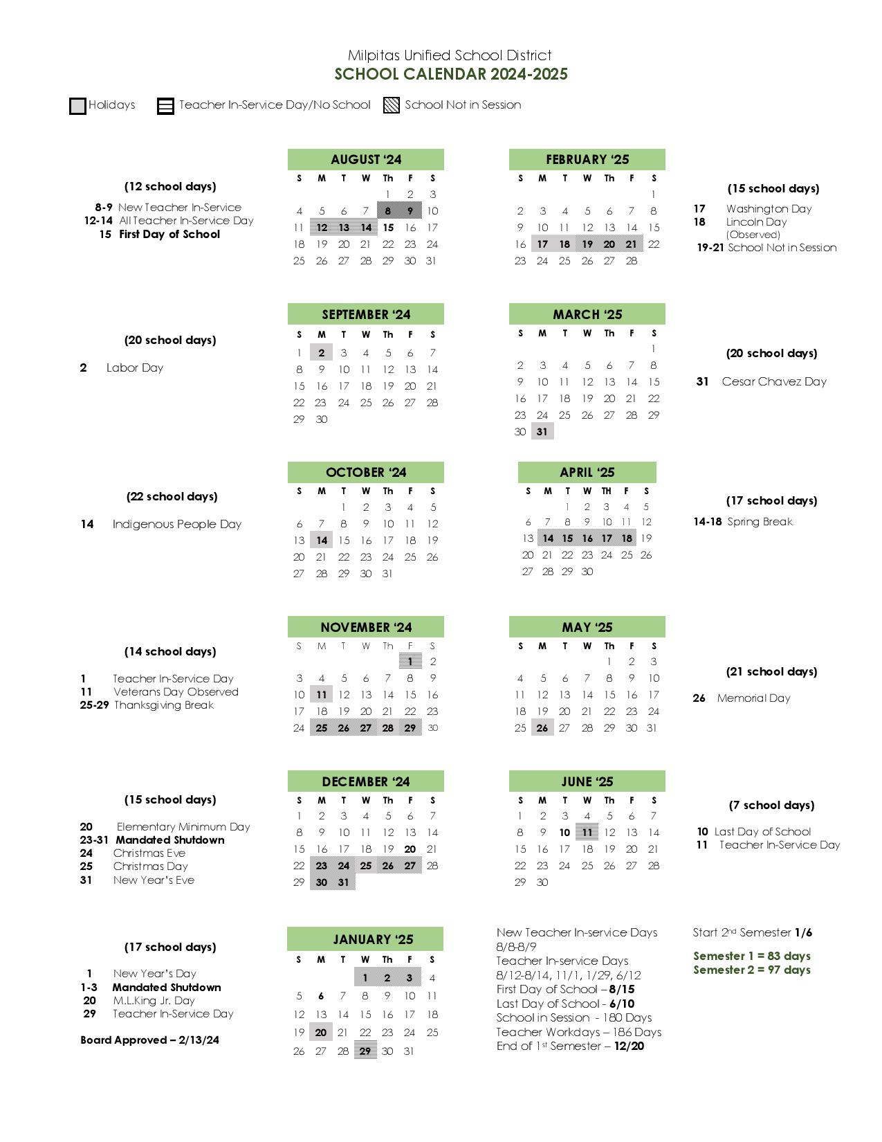 Milpitas Unified School District Calendar 20242025