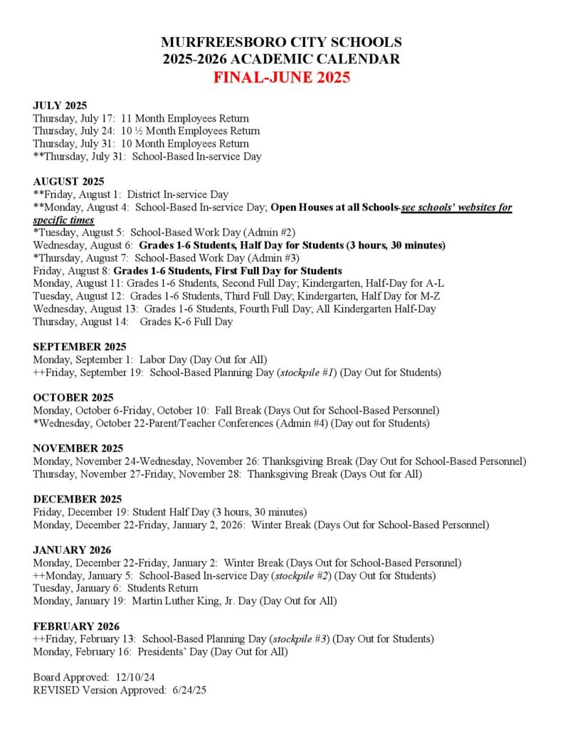 Murfreesboro City Schools Calendar 2025-2026