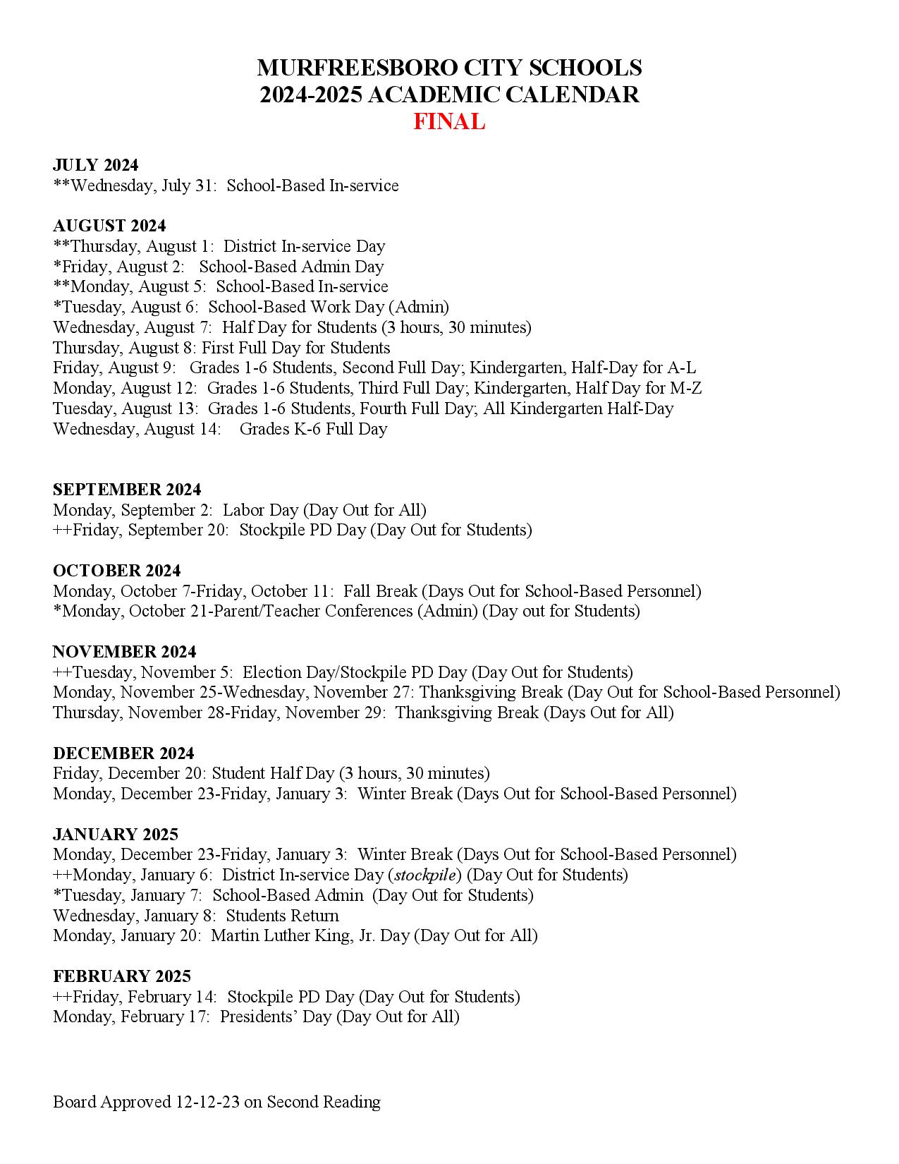 Murfreesboro City Schools Calendar 24-25